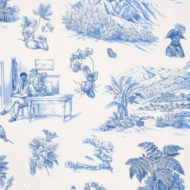 Schumacher x Victor Glemaud Toussaint Toile Wallpaper in Blue on Ivory - Sample For Sale