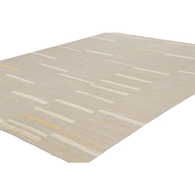 Rug & Kilim Rug & Kilim’s Contemporary Kilim With Textural Taupe, Cream and Gold Stripes For Sale - Image 4 of 7