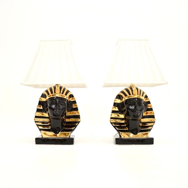 A fabulous pair of vintage Italian ceramic Pharaoh table lamps. They were made in England, they date from around the...