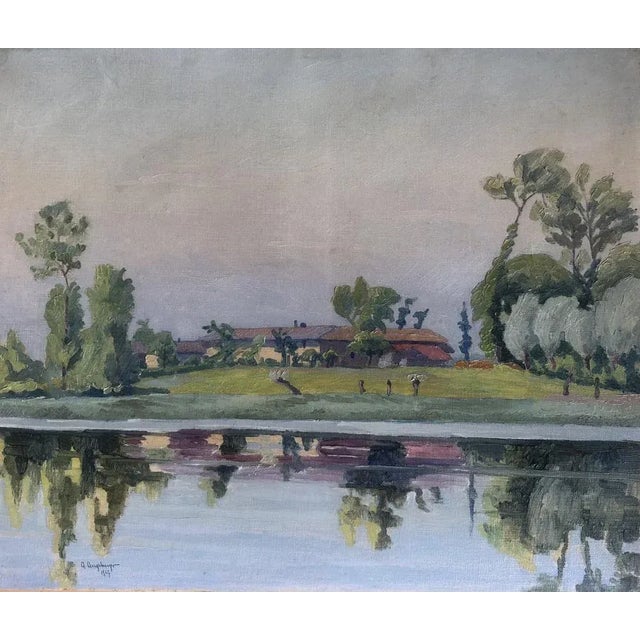 A. Augsburger, Paysage au bord du lac, 1927, Oil on Canvas For Sale - Image 8 of 8