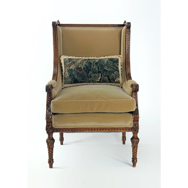 Vintage French Louis XVI-Style Bergère Armchair in Camel Velvet For Sale - Image 11 of 12