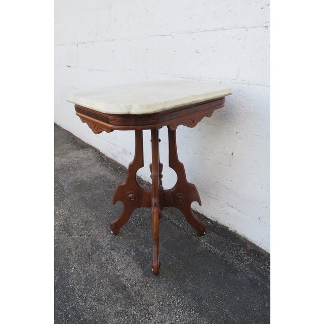 Late 1800s Victorian Eastlake Marble Top Carved Side Table 6295 For Sale - Image 14 of 17