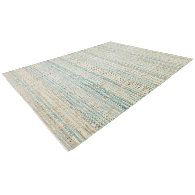 Modern Abstract Plaid Wool Area Rug in Pastel Aqua, Sage & Warm Terracotta 9x12 For Sale - Image 12 of 12