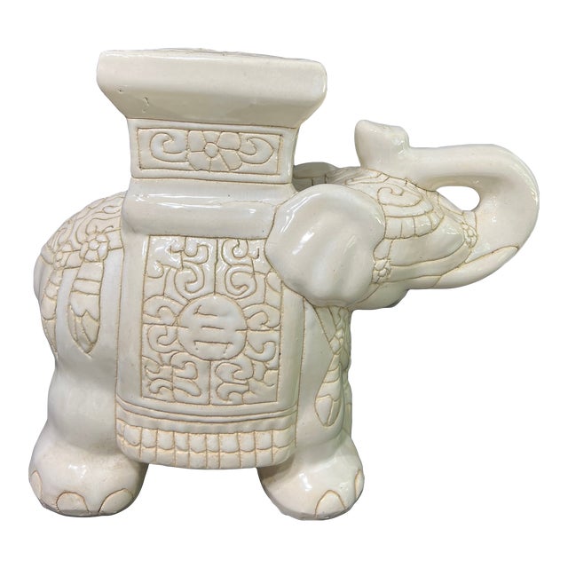 Vintage Elephant White Ceramic Glazed Stand Planter For Sale