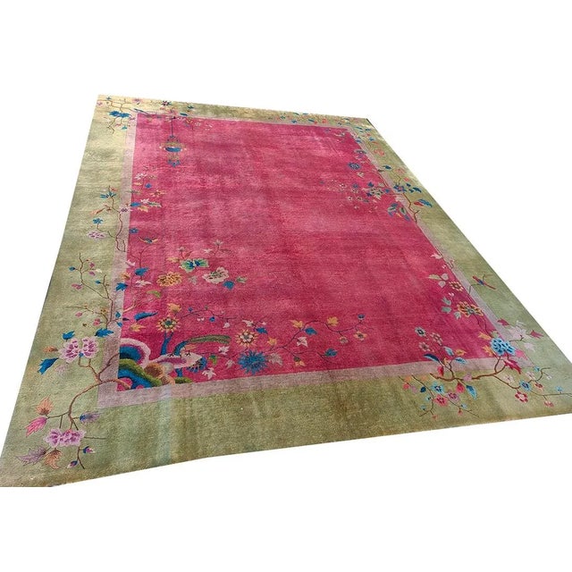 Art Deco 1920s Raspberry Pink Open Field Floral Antique Chinese Art Deco Carpet Wool Rug For Sale - Image 3 of 12