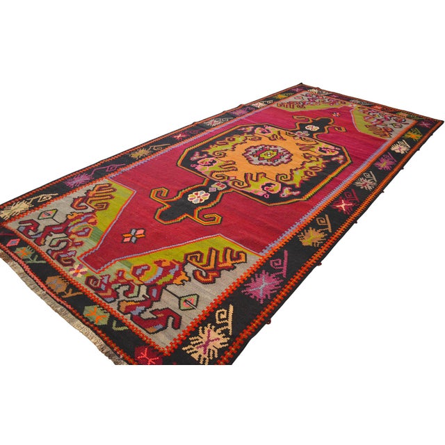 Raspberry Red Vintage Turkish Rug Kilim Handwoven Large Runner Tribal Medallion - 6′2″ X 13′3″ For Sale - Image 8 of 14