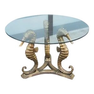 1960s Vintage Bronze Seahorse Sculptured Cocktail / Coffee Table W Original Glass Top