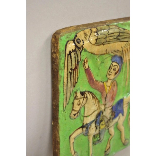Ceramic Antique Persian Iznik Qajar Style Ceramic Pottery Green Tile Phoenix W/ Rider C4 For Sale - Image 7 of 10