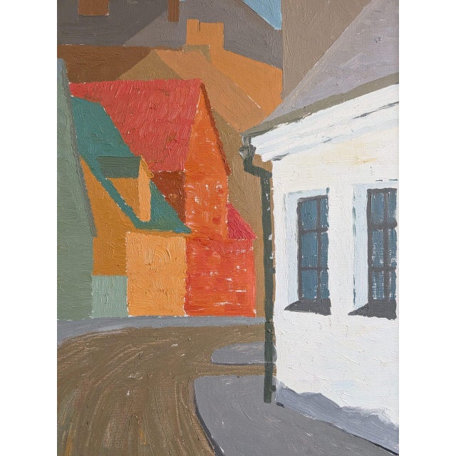 Orange 1968 Mid-Century 'Where the Street Bends' Vintage Swedish Street Scene Landscape Oil Painting, Framed For Sale - Image 8 of 11