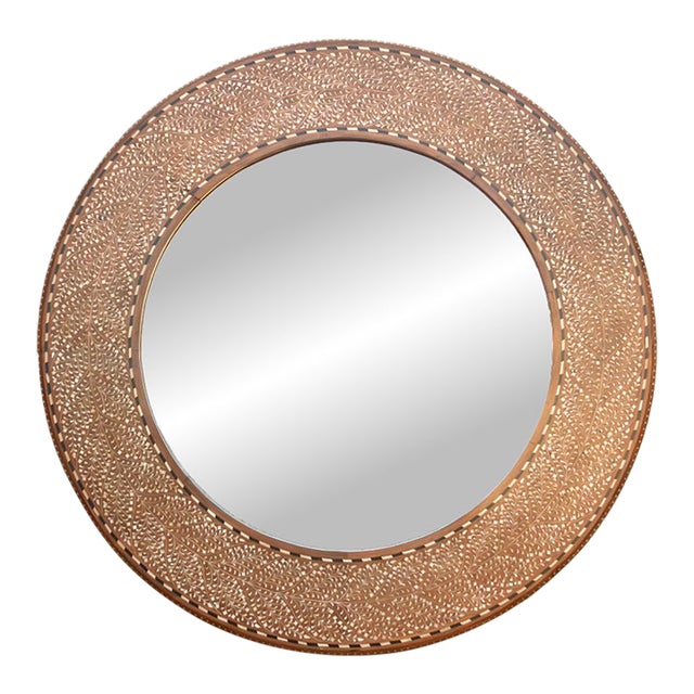 48" Dm Walnut Finish Round Inlay Mirror For Sale