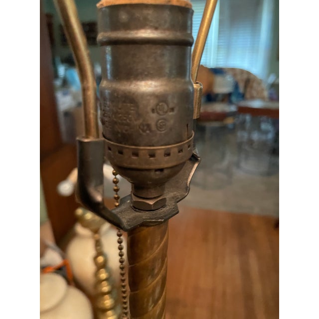 Vintage Victorian Revival Table Lamp Heavy Brass Stone Base Amber Fringe Shade For Sale - Image 15 of 16