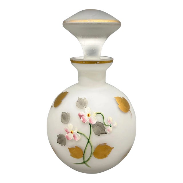 Vintage White & Gold Hand-Painted Floral Glass Perfume Bottle – Victorian Style For Sale