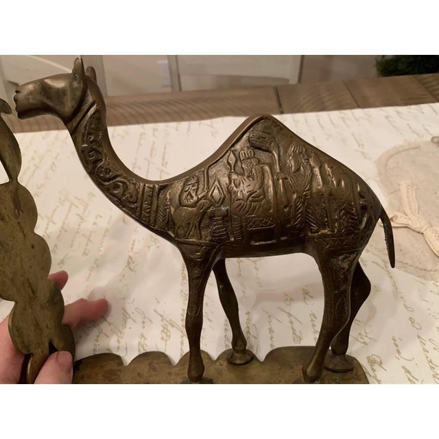 Traditional Vintage Mid-Century Brass Camel Bookends With Ornate Hieroglyphs and Symbols - a Pair For Sale - Image 3 of 12