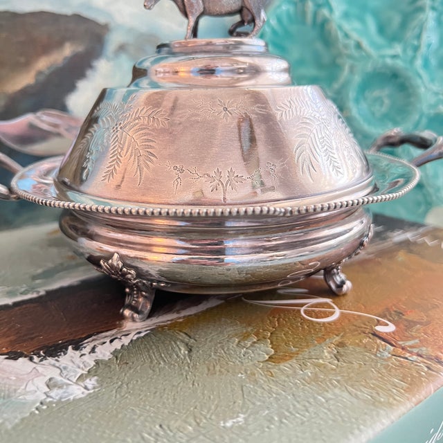 Pairpoint Silver Company Antique Victorian Quadruple Silverplate Butter Cooler With Cow Finial and Butter Knife by Pairpoint For Sale - Image 4 of 13