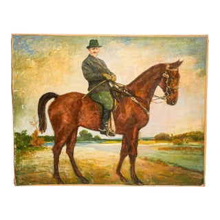 Charming Portrait Man on Horse Equestrian Impressionist Antique Oil Painting For Sale