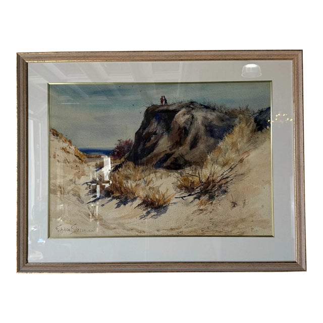 Vintage Sherman Coastal Landscape Watercolor Painting, Framed For Sale