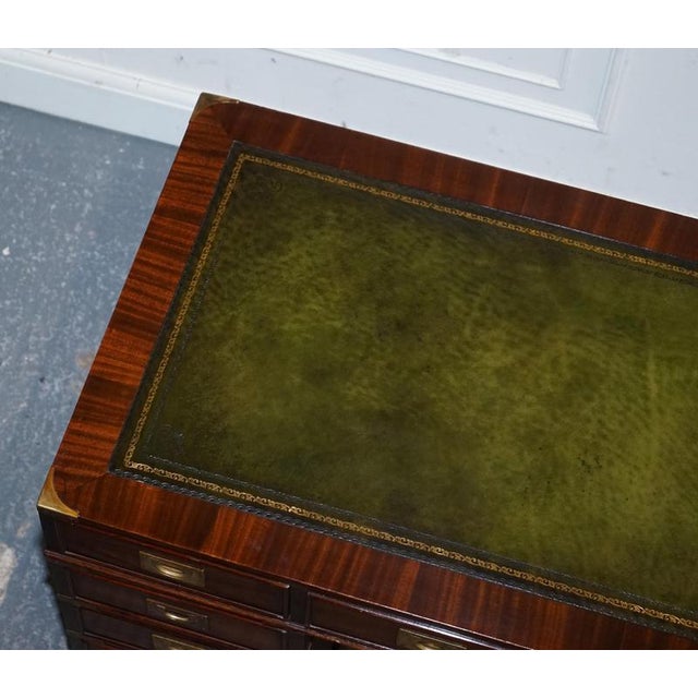 Fine Military Campaign Twin Pedestal Desk with Green Leather Top For Sale - Image 11 of 18