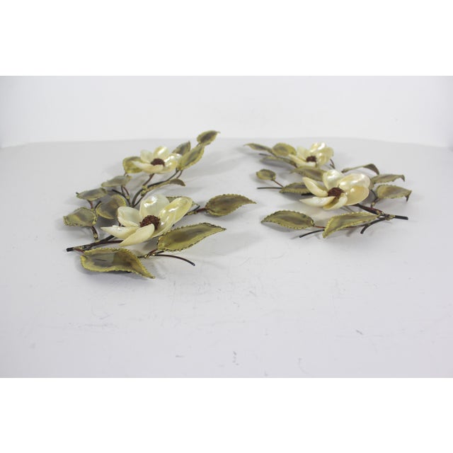 Torch Cut Brass Leaf and Shell Flower Wall Art Hollywood Recency Mid 20th Century - Set of 2 For Sale - Image 9 of 12