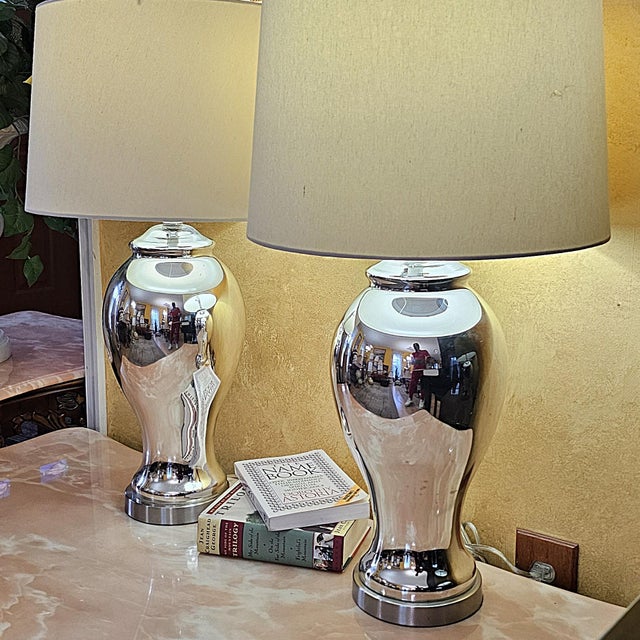 Pair of Vintage Mercury Glass Table Lamps With Light-Gray Drum Shades For Sale - Image 17 of 18