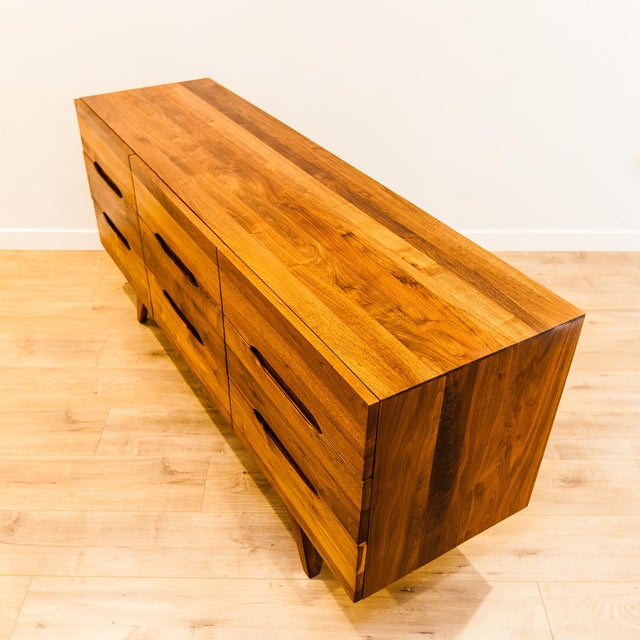 1960s Solid Walnut Nine Drawer Lowboy Dresser With Sculpted Pulls For Sale - Image 11 of 14