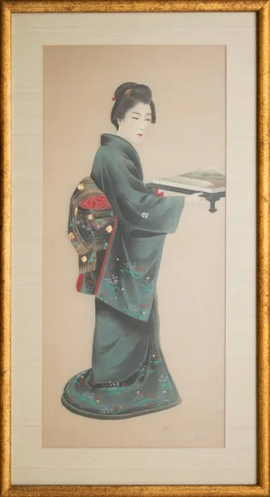 Early 20th Century Meiji to Early Showa Japanese Watercolor Painting of a Woman Carrying Mt Fuji on a Tray, Framed