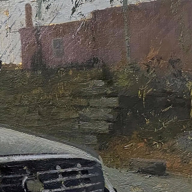 Camp Washington Caddy by Brad Davis | Oil on wood panel Black car with damage parked on street For Sale - Image 4 of 5