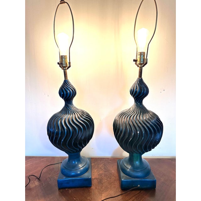 Metal Pair of Mid 20th Century Two-Tone Blue Ceramic Swirl Statement Table Lamps For Sale - Image 7 of 12