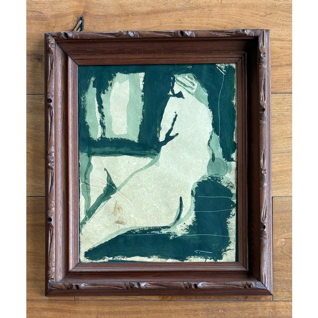 Green is the move: modern abstract portrait in paint on heavy cotton, hand-torn paper, signed on recto. Framed under glass...