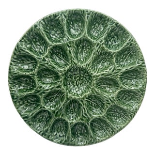 Vintage Olfaire Portugal Green Cabbage Leaf Deviled Majolica Egg Platter For Sale