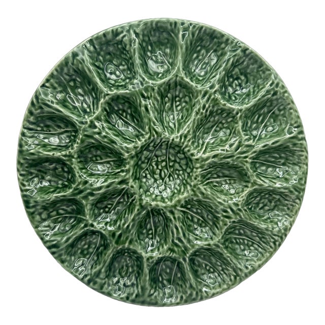 Vintage Olfaire Portugal Green Cabbage Leaf Deviled Majolica Egg Platter For Sale