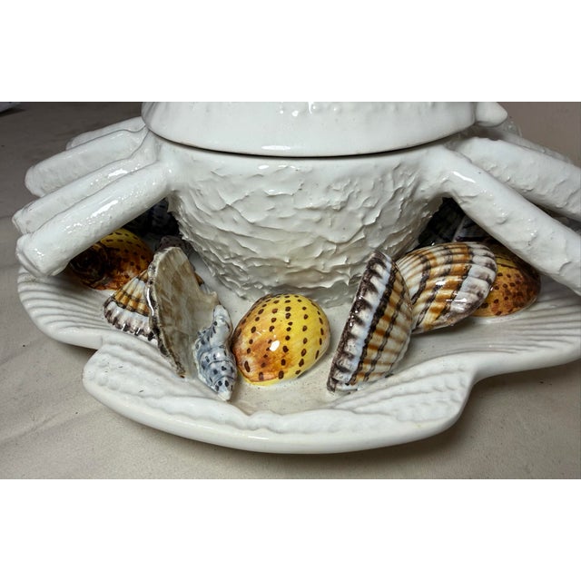 Ceramic Vintage Handmade Italian White Majolica B. Altman Crab Clam Covered Pottery Dish For Sale - Image 7 of 14