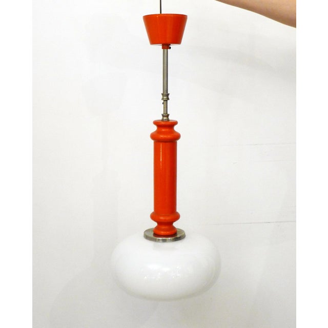 Vintage Space Age Pendant Light in Orange Wood & Opaline Lampshade, 1960s For Sale - Image 11 of 12