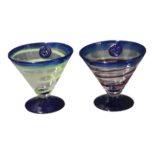 Pair of Late 20th Century Royal Caribbean Hand Blown Art Glass Martini Glasses by Kosta Boda