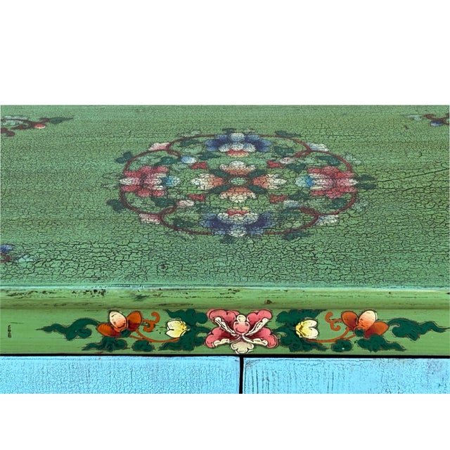 Tibetan Style Lime Green Blue Two Tigers End Table Nightstand For Sale - Image 9 of 10