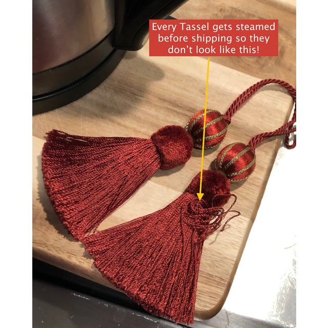 Beaded Key Tassel in Terracotta Red and Gold Satin With Cut Velvet Detail For Sale - Image 14 of 16
