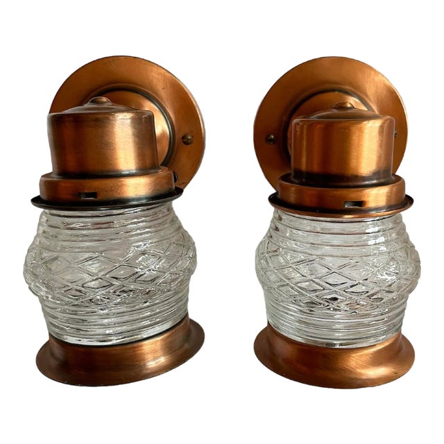Pair of Copper Glass Jar Wall Sconces, Circa 1940 For Sale