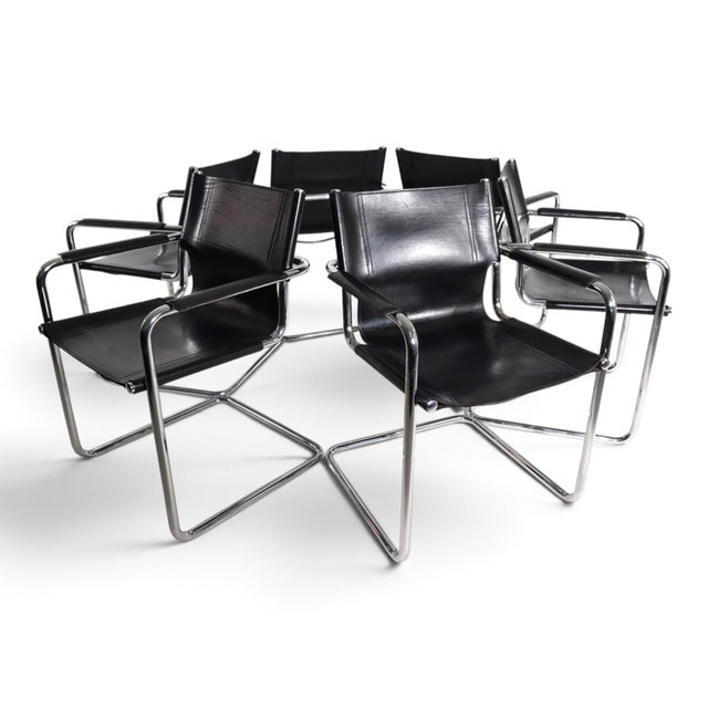 Mid-Century Modern Visitor Chairs in Leather and Chrome by Mart Stam and Marcel Breuer for Matteo Grassi, 1970, Set of 6 For Sale - Image 3 of 18