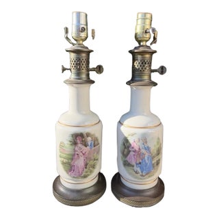 Vintage Porcelain Table Lamps Romantic Courting Scenes, Gold Trim - a Pair For Sale