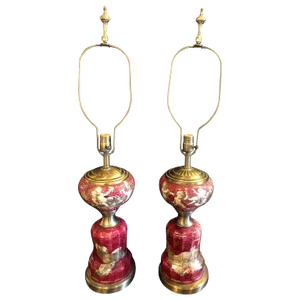 Neoclassical Cranberry Glass Decoupage Cherub Decorated Table Lamps - a Pair
