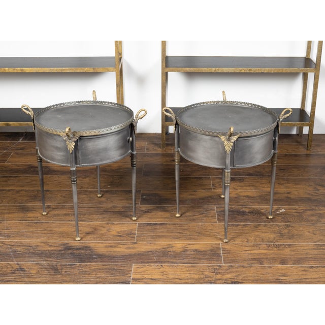 Pair of Trouvailles Metal and Brass Side Tables with Swan Necks and Doors For Sale - Image 11 of 11