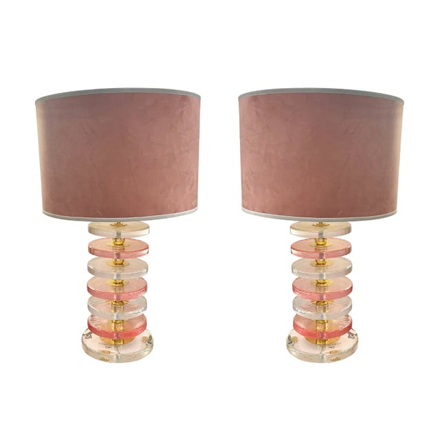 Metal Vintage Pink and Clear Murano Glass Disc Table Lamps, 1980s, Set of 2 For Sale - Image 7 of 7