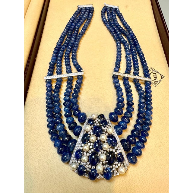 700Ct Sapphire Bead Necklace with cabochon & Diamond Center & Diamond Spacer 18K For Sale - Image 10 of 18
