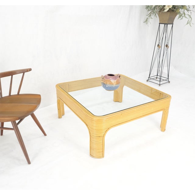 Mid-Century Modern Blond Rattan Bamboo Rounded Corners Square Glass Top Coffee Table 1970's Frankl For Sale - Image 3 of 12