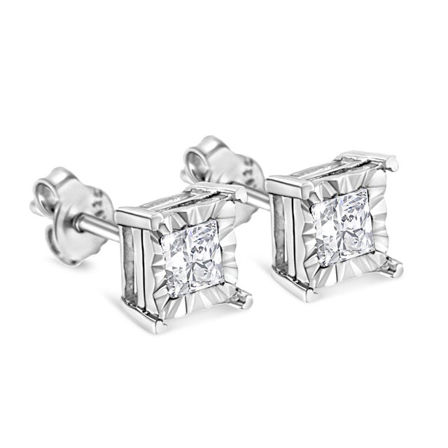 .925 Sterling Silver 1/4 Cttw Miracle Set Princess-cut Diamond Solitaire Stud Earrings, A Pair For Sale - Image 4 of 6