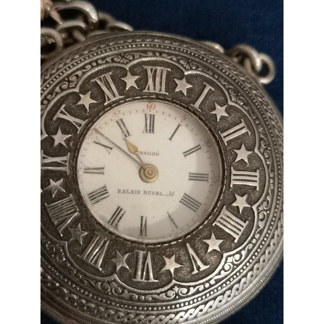 French Sterling Silver Pocket Watch with Chain For Sale - Image 15 of 18