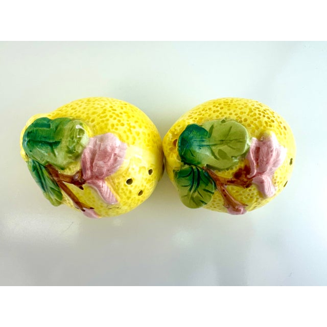 Vintage Majolica Style Lemon Salt & Pepper Shakers – Hand-Painted Ceramic, a Pair For Sale - Image 9 of 10