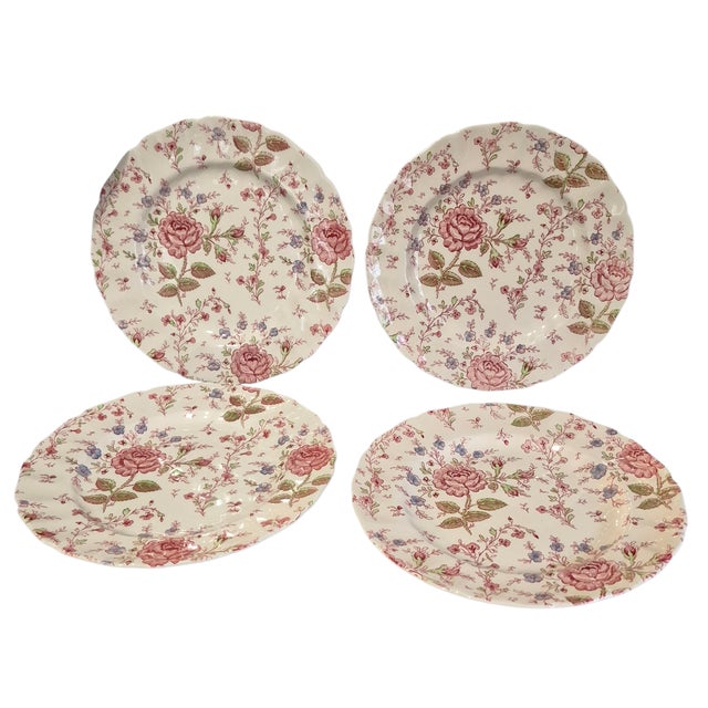Vintage Set of 4 Early Rose Chintz Johnson Bros. Ironstone England Dinner Plates For Sale - Image 11 of 11