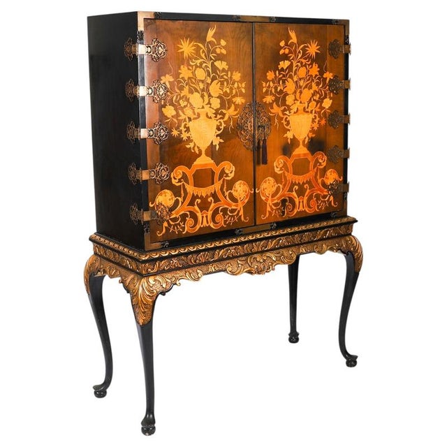 Antique Black Lacquered Marquetry Cocktail Cabinet on Stand, 1930s For Sale - Image 15 of 15