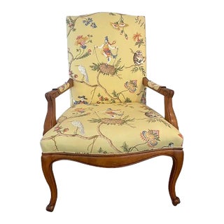 Vintage French Style Armchair Upolstered in Yellow Chinoiserie Designer Chintz For Sale