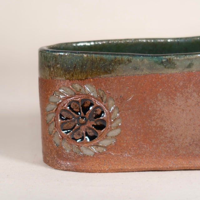1970s Handcrafted Signed Studio Pottery Floral Relief Ceramic Vessel Cachepot in Earthy Brown & Green Glaze For Sale In Tulsa - Image 6 of 15